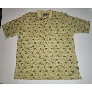 Farah Polo Shirt Mens XL Beige Golf Clubs Allover Print 90s Style